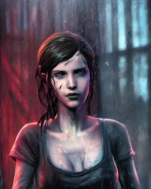 Image similar to An epic fantasy comic book style portrait painting of a very beautiful imposing Industrial goth Ellie (The Last of Us) in the rain, wet hair, neon reflections, character design by Mark Ryden and Pixar and Hayao Miyazaki, unreal 5, DAZ, hyperrealistic, octane render, cosplay, RPG portrait, dynamic lighting, intricate detail, cinematic