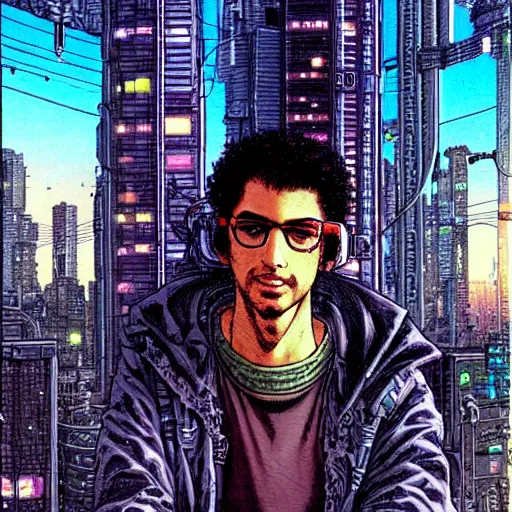 Prompt: a intricately detailed cyberpunk painting of a young curly-haired persian guy cognitive Scientist wearing round glasses in a dreamy cityscape by Masamune Shirow and Moebius