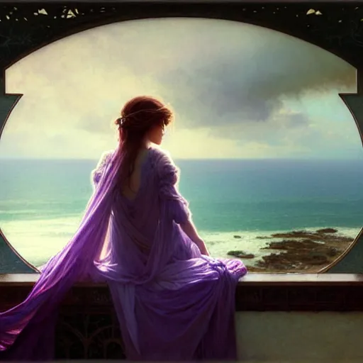 Image similar to A woman looking out to sea from her bedroom, dreamlike scene, high angle shot, dark mood, purple hues, soft lighting, fantasy, intricate, elegant, highly detailed, digital painting, artstation, concept art, smooth, sharp focus, illustration, art by Krenz Cushart and Artem Demura and alphonse mucha