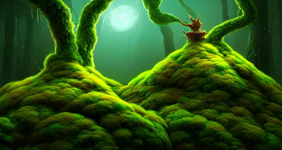 Image similar to a beautiful macro photography of moss with alien fungus, hyperdetailed, warm volumetric lights, made by gerald brom and mike winkelmann