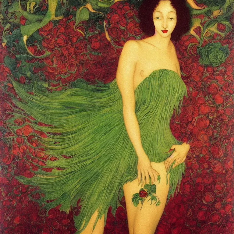 Image similar to !!!dream brunette woman standing in a green dress on a gold background, with black roses and red lips Anton Pic, Jean Delville, Amano, Yves Tanguy, Ernst Heckel, Edward Robert Hughes, Stanislaw Szukalski and Roger Dean photorealism