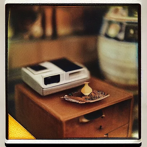 Prompt: a isometric view of an ethnographic object on display, poetical, dream, unconscious, alternative world, polaroid sx 7 0