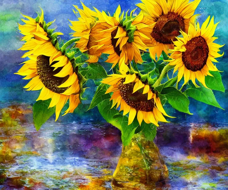 Image similar to sunflowers, william henrits, hovik zohraybyan, water painting, bright colors, sunlight, happy, peaceful, serene, joy