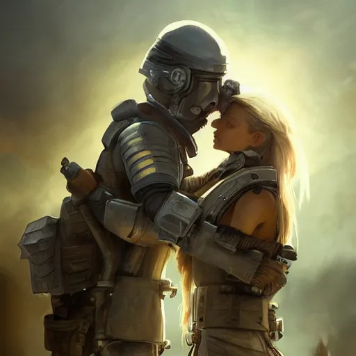 Image similar to epic portrait an space soldier hugging an female medic soldier, battlefield, explosions, cloudy, digital painting, artstation, concept art, soft light, hdri, smooth, sharp focus, illustration, fantasy, intricate, elegant, highly detailed, D&D, matte painting, in the style of Greg Rutkowski and Alphonse Mucha and artemisia, 8k, highly detailed, jurgens, rutkowski, bouguereau, pastoral, rustic, georgic, detailed concept art, illustration, colorful pastel, painting, detail, ultra detailed, digital art, 4K,