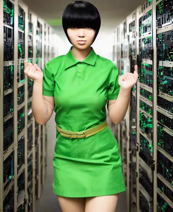 Prompt: asian girl, bobbed and bowl cut hair, pine green hair color, standing in a server room, wearing business casual dress, 4 k, vaporwave, cinecolor, perfect detail