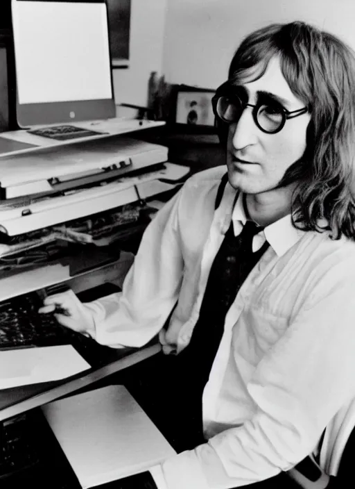 Image similar to john lennon sitting a desk typing on a laptop computer, black and white photo, real, photorealistic