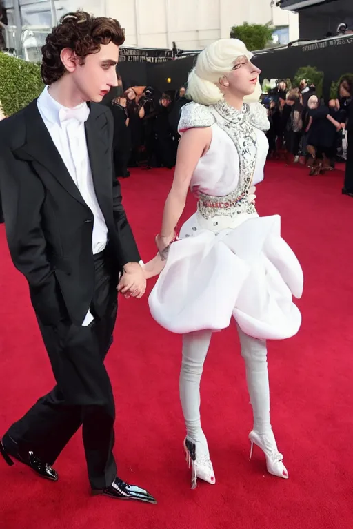 Image similar to timothee chalamet and lady gaga holding hands on the red carpet, beautiful detailed faces