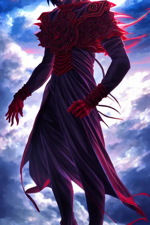 Image similar to anime full body handsome young demon king man only, scenery wallpaper aesthetic, dark saturated colors, demonic, cinematic, powerful, super detailed and intricate, elegant, hyper realistic, by artgerm, by kyoung hwan kim, by ralph mcquarrie, by yoshiyuki tomino