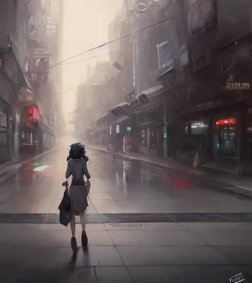 Image similar to a girl in a business is walking in the middle of the street, she has a red necktie and grey hair, digital painting, by tran ross and jordan grimmer and greg rutkowski, anime art, artstation, hd, smooth,