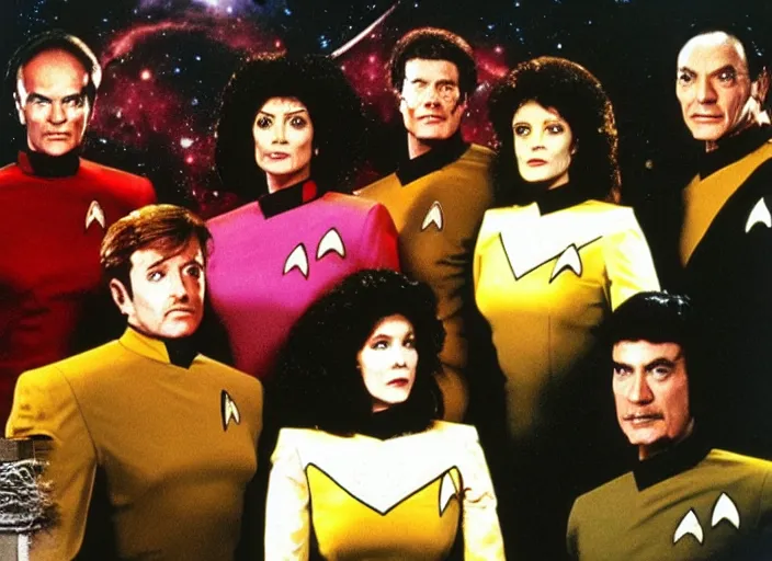 Image similar to a promo photo from a 1 9 8 0 s sci - fi tv programme, star trek tng, deep space nine, star trek voyager, babylon 5, vhs distortion