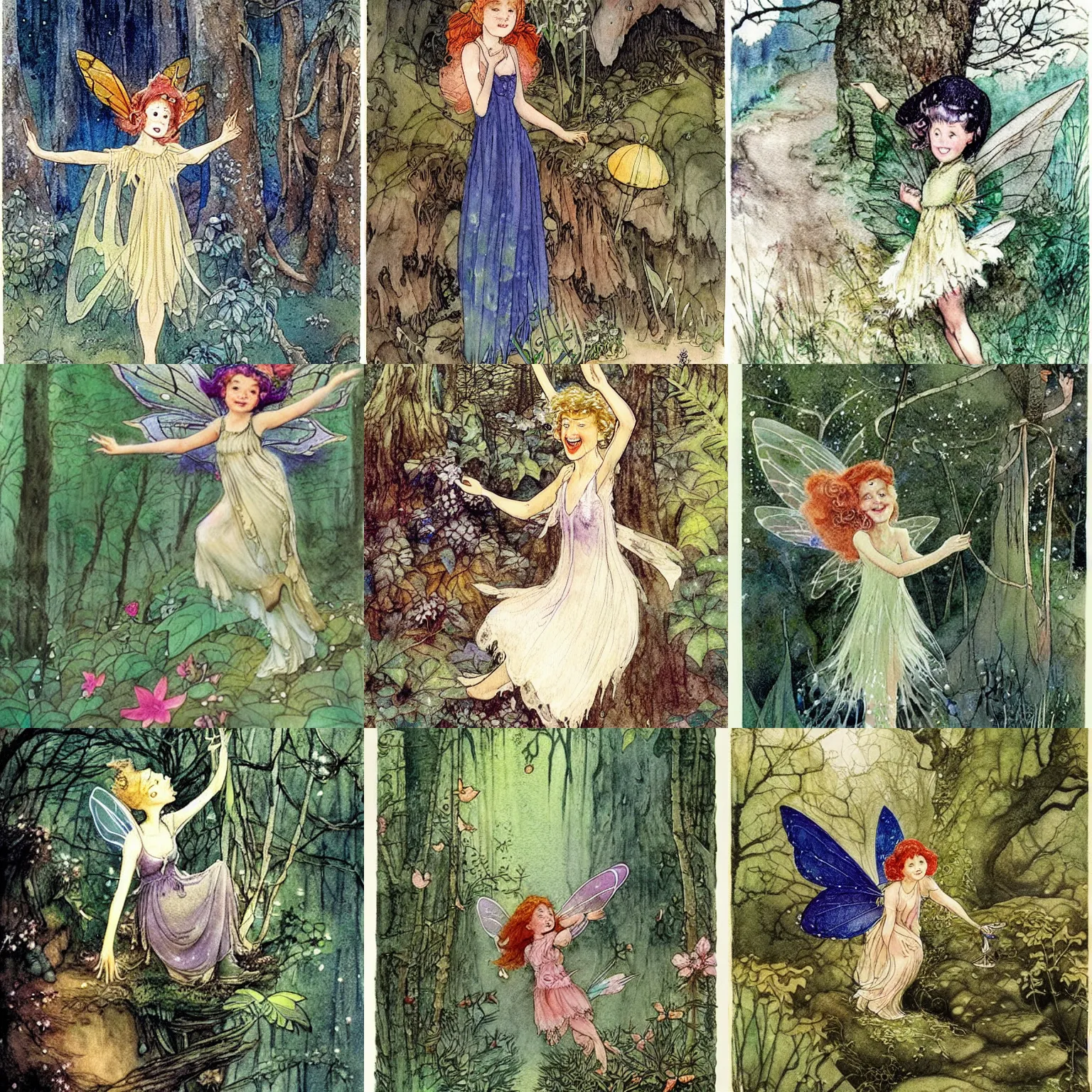 Prompt: a cheerful, optimistic fairy ( looks similiar hollday granger!!! ) in the forrest. dim light, magical, detailed, chinese watercolor, chinese watercolor by tony diterlizzi, henry meynell rheam, ida rentoul outhwaite, alan lee, florence harrison, bob eggleton, and studio gibli
