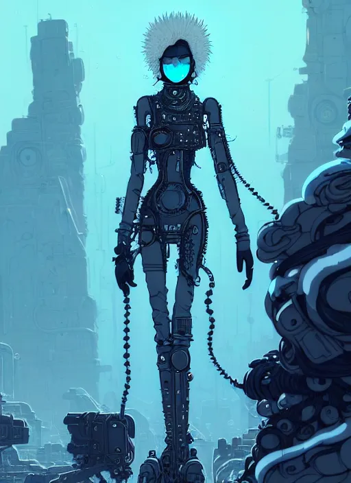 Image similar to highly detailed portrait of wasteland punk long curly white icey shard hair tribal lady, stray wiring by atey ghailan, james gilleard, by joe fenton, by greg rutkowski, by greg tocchini, by kaethe butcher, 4 k resolution, gradient blue, cyan, black and white color scheme!!! ( ( snowy glaciated robotic dystopian city background ) )