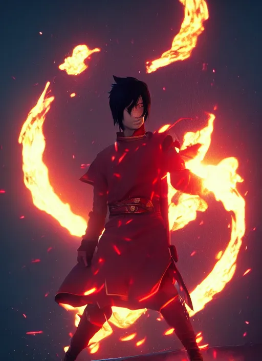 Image similar to Zuko from avatar the last Airbender, red flames, dark atmosphere, cinematic shot, intricate, ornate, photorealistic, ultra detailed, realistic, 100mm, photography, octane, high definition, depth of field, 8k, artstation
