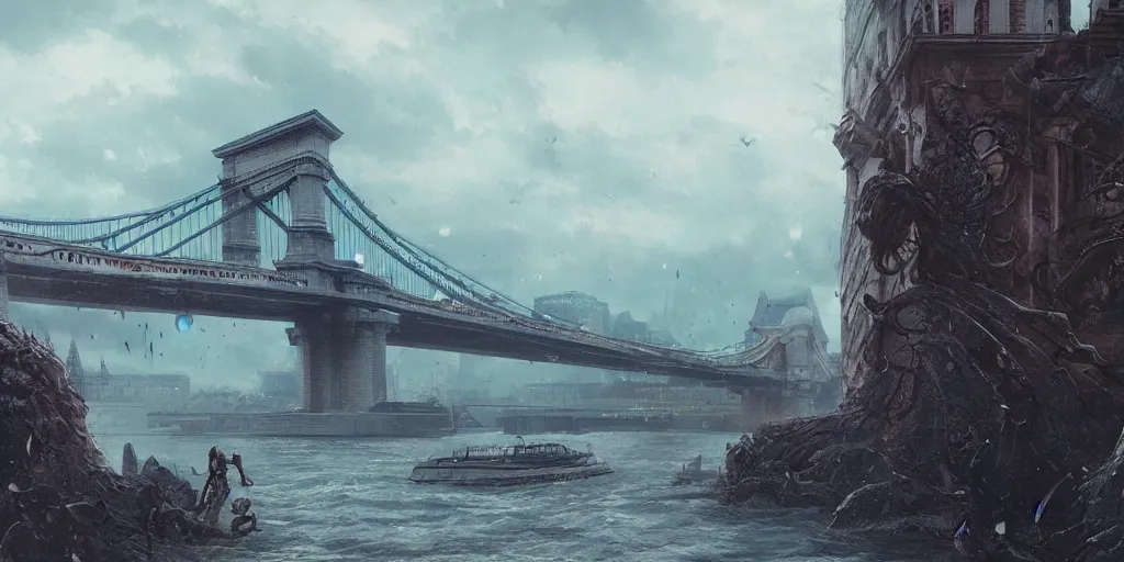 Image similar to kaiju attack in budapest, chain bridge painting, greg rutkowski detailed, rule of thirds, cinematic