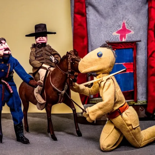 Prompt: a puppet show reenactment of custer's last stand