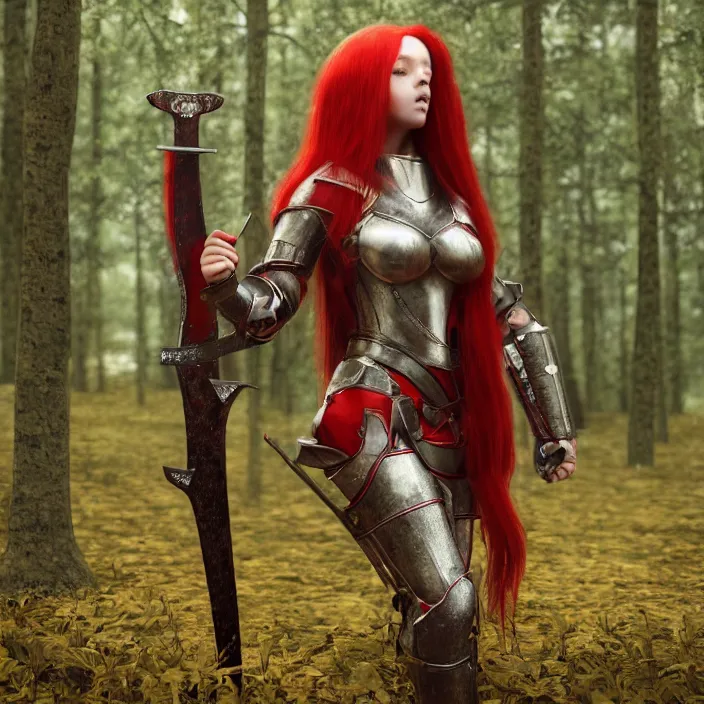 Image similar to a girl with long red hair wearing a red plate armor and holding a big red toothed sword in a forest, 3d render, octane render, unreal engine 5, 8k hdr, hyperrealistic, highly detailed, high quality, concept art, trending on Artstation, full-body armor,