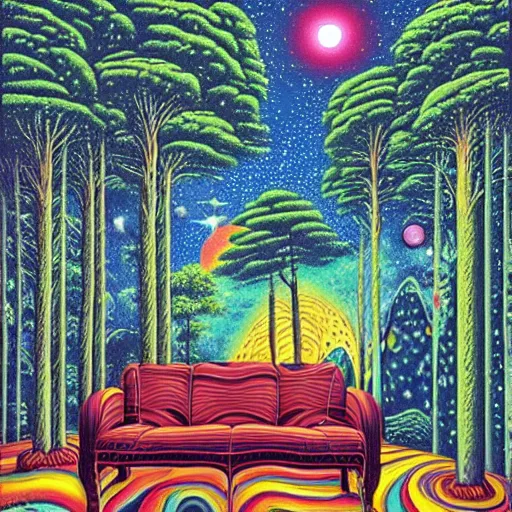 Image similar to psychedelic trippy river pine forest, planets, milky way, sofa, cartoon by rob gonsalves