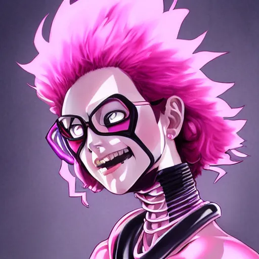 Prompt: mina ashido, heroine, beautiful, malevolent, anger, evil, cybernetic detailed portrait, intricate complexity, in the style of Artgerm, Kazuki Tanahashi, and WLOP, cel-shaded