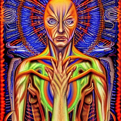 Image similar to portrait of the pagan wueen libuse by alex grey