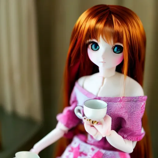 Image similar to delightfully beautiful anime style doll drinking tea