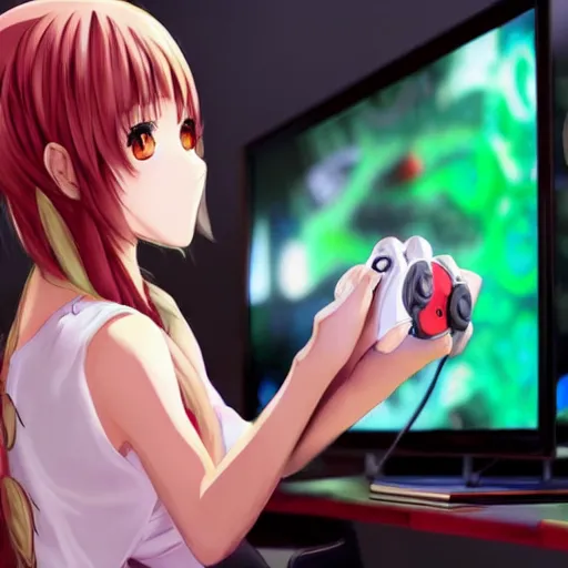 Prompt: anime girl playing video games