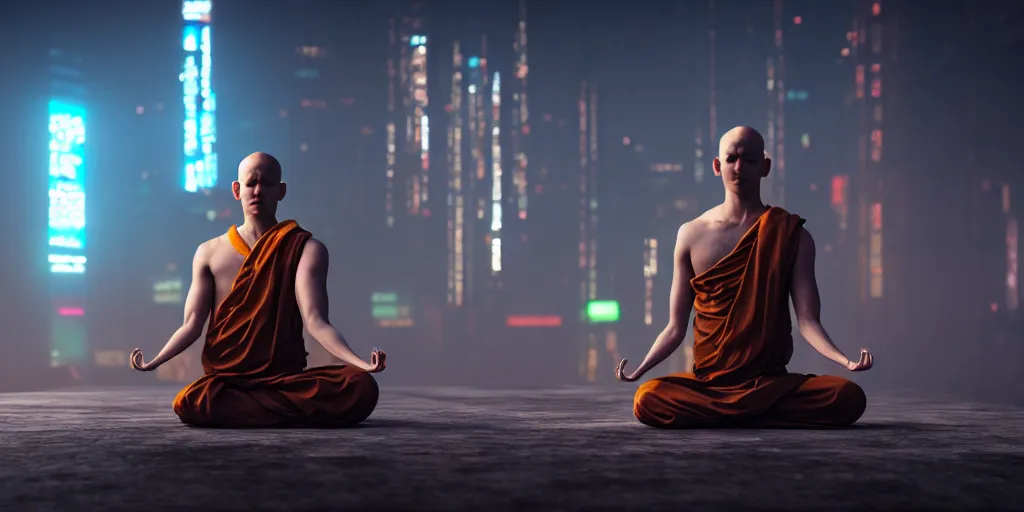 Image similar to meditating monk in cyberpunk style, ultra realistic 8 k resolution.