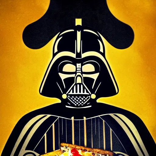 Image similar to gold bordered portrait of darth vader holding a slice of pizza, hyper realistic, surreal, gothic, cyberpunk, nightcore, 4 k, highly detailed, beautifully rendered