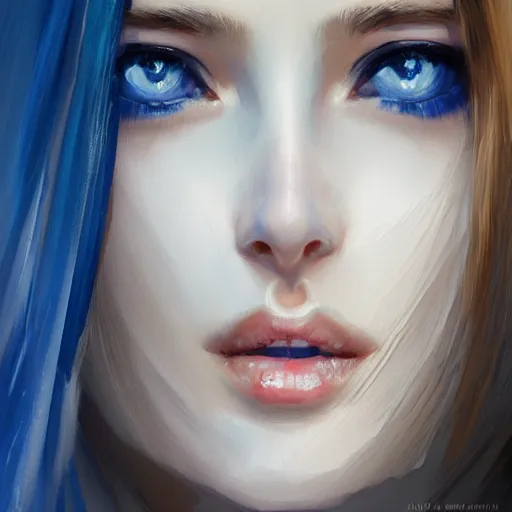 Prompt: ameera al taweel, bright blue eyes, long wavy white hair, white veil, front closeup, highly detailed, centered, oil painting, artstation, concept art by WLOP