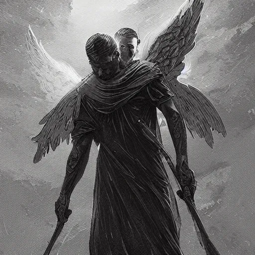 Prompt: angel protecting man, detailed intricate ink illustration, dark atmosphere, detailed illustration, hd, 4 k, digital art, overdetailed art, by greg rutkowski, by loish, complementing colors, trending on artstation, deviantart