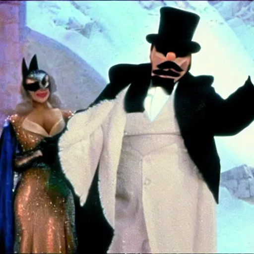 Image similar to a screen still of steve harvey playing the penguin in batman returns