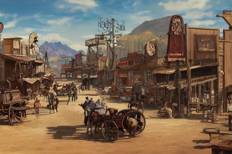 Image similar to concept art, wild west town, cinematic