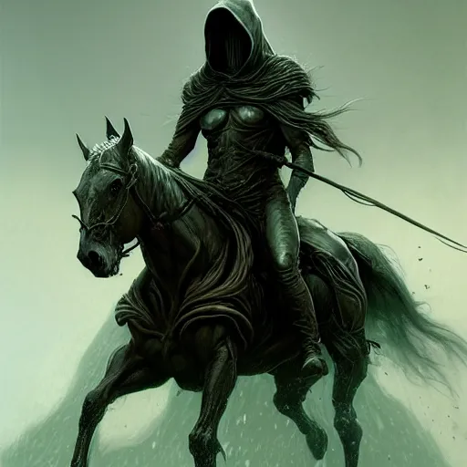 Image similar to concept art by artgerm, pestilence of the four horsemen of the apocalypse, soft green natural light, intricate, hooded death riding a horse, highly detailed dark art, digital painting, artstation, concept art, smooth, sharp focus, illustration, art by greg rutkowski and luis rollo and uang guangjian and gil elvgren, symmetry!