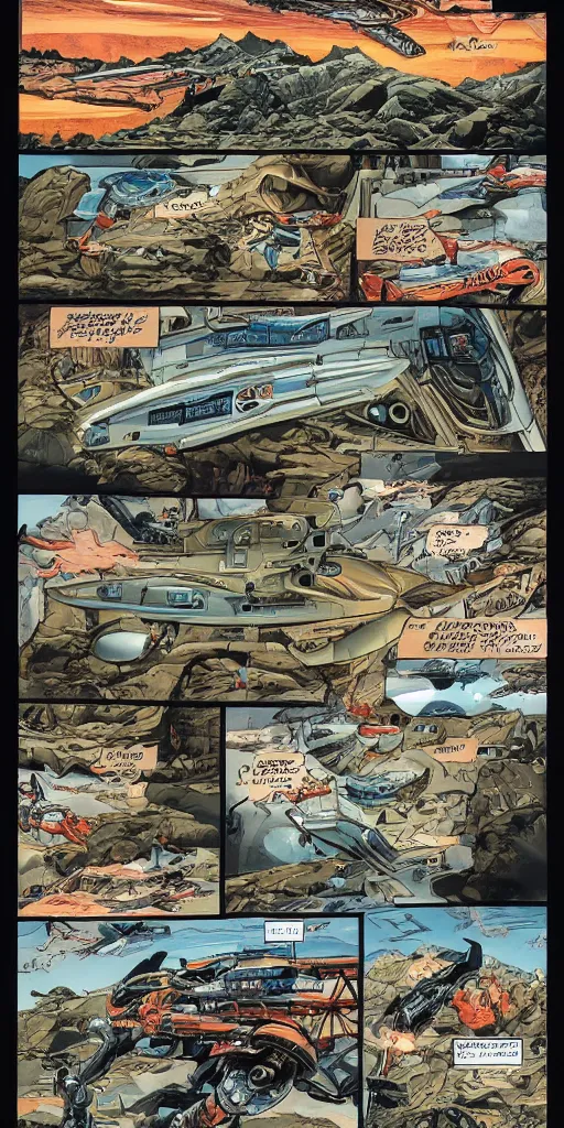 Image similar to full page scan of a comic book page of a giant spaceship landing in the Rocky Mountains, codex, rich colored ink, detailed, cinematic