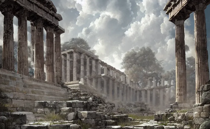 Prompt: greek temple ruins, soft grey and blue natural light, intricate, digital painting, artstation, concept art, smooth, sharp focus, illustration, art by greg rutkowski and luis rollo and uang guangjian and gil elvgren, symmetry!