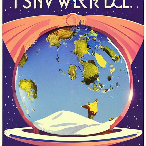 Image similar to art decò travel poster for a tiny world inside a snowglobe