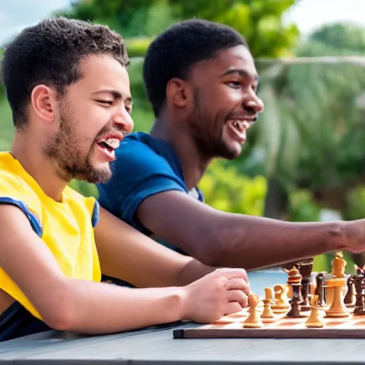 Image similar to two young guys are sitting at a table, playing chess. One is wearing a yellow tanktop and is smiling. The other has a white shirt and looks angry. The sky is blue with a Mediterranean background. Foto. Detailed faces. Detailed hands.