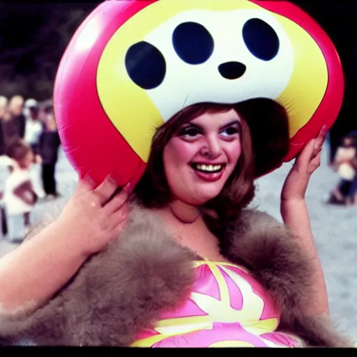 Image similar to 1976 glamorous chubby woman wearing an inflatable smiley head, wearing a dress, in a small village full of inflatable animals, 1976 French film archival footage technicolor film expired film 16mm Fellini new wave John Waters Russ Meyer movie still