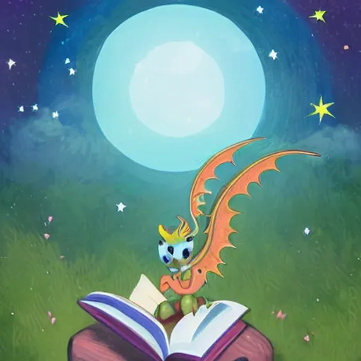 Image similar to cute dragon reading a book under the stars