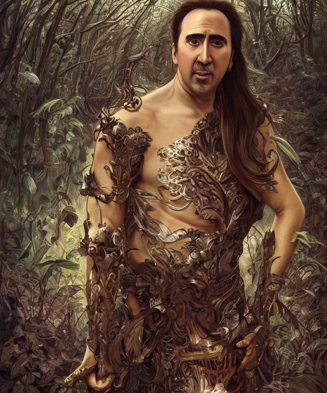 Image similar to epic full body portrait of Nicolas Cage fantasy, intricate, elegant, highly detailed, nicolas cage, nic cage, nicolas cage, digital painting, artstation, concept art, smooth, sharp focus, illustration, deep forest on background, art by artgerm and greg rutkowski and alphonse mucha,