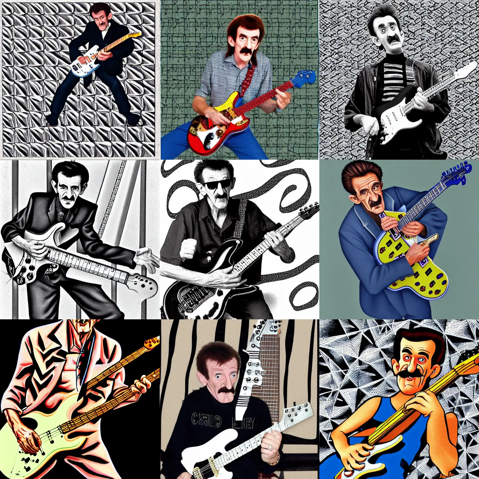 Prompt: Barry Chuckle Shredding on an electric guitar in the style of MC Escher