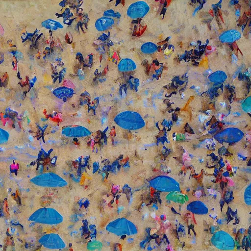 Image similar to a birdseye painting by Sally West of people on a beach from above, featured on tumblr, action painting, oil on canvas, painterly