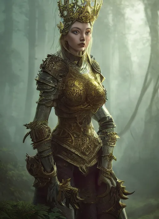 Image similar to Beautiful art portrait of a female fantasy queen in plate armour in a bright temple surrounded by lush forest, atmospheric lighting, intricate detail, cgsociety, hyperrealistic, octane render, RPG portrait, ambient light, dynamic lighting, anime style