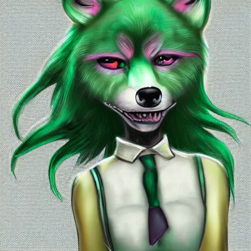 Image similar to Beautiful digital painting of an anthro anthropomorphic pastel-green wolf, Punk outfit. cute