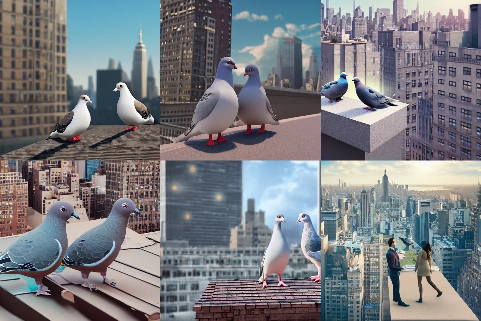 Prompt: 3d render of a cute pigeon couple on the rooftop of a building, New York City on background, 4k, octane render