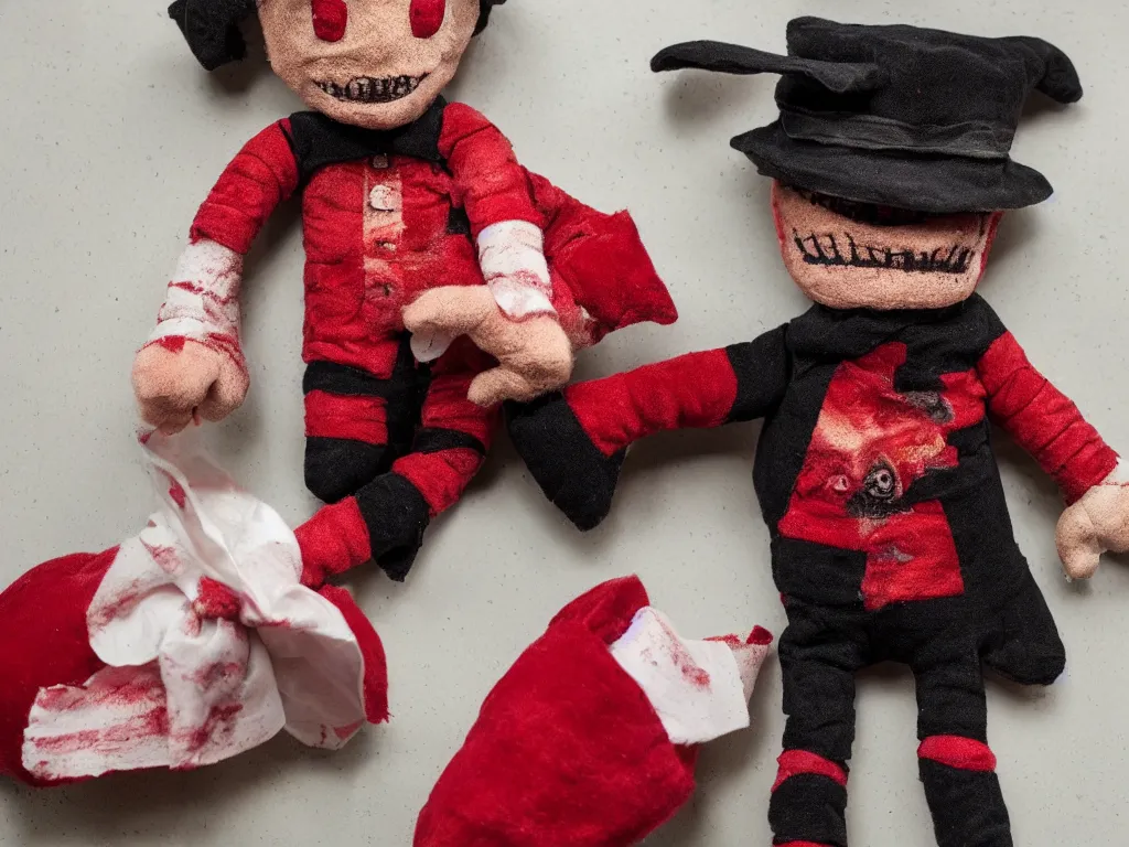 Prompt: A photograph of a cute plush doll that looks like Freddy Krueger, from the horror movie