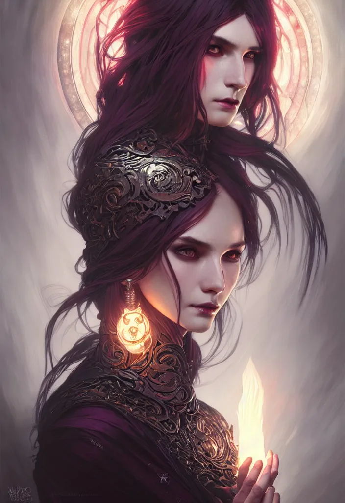 Image similar to Necromancer Sorceress, fantasy magic, undercut hairstyle, dark light night, intricate, elegant, sharp focus, illustration, highly detailed, digital painting, concept art, matte, art by WLOP and Artgerm and Greg Rutkowski and Alphonse Mucha, masterpiece