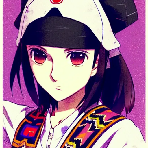 Image similar to a beautiful! boyish! natalie portman model, wearing japanese school girl outfit with mayan pattern and native style, aztec street fashion, guilty gear art direction, perfect anime face, gapmoe yandere grimdark, trending on pixiv fanbox, painted by greg rutkowski makoto shinkai takashi takeuchi studio ghibli, akihiko yoshida