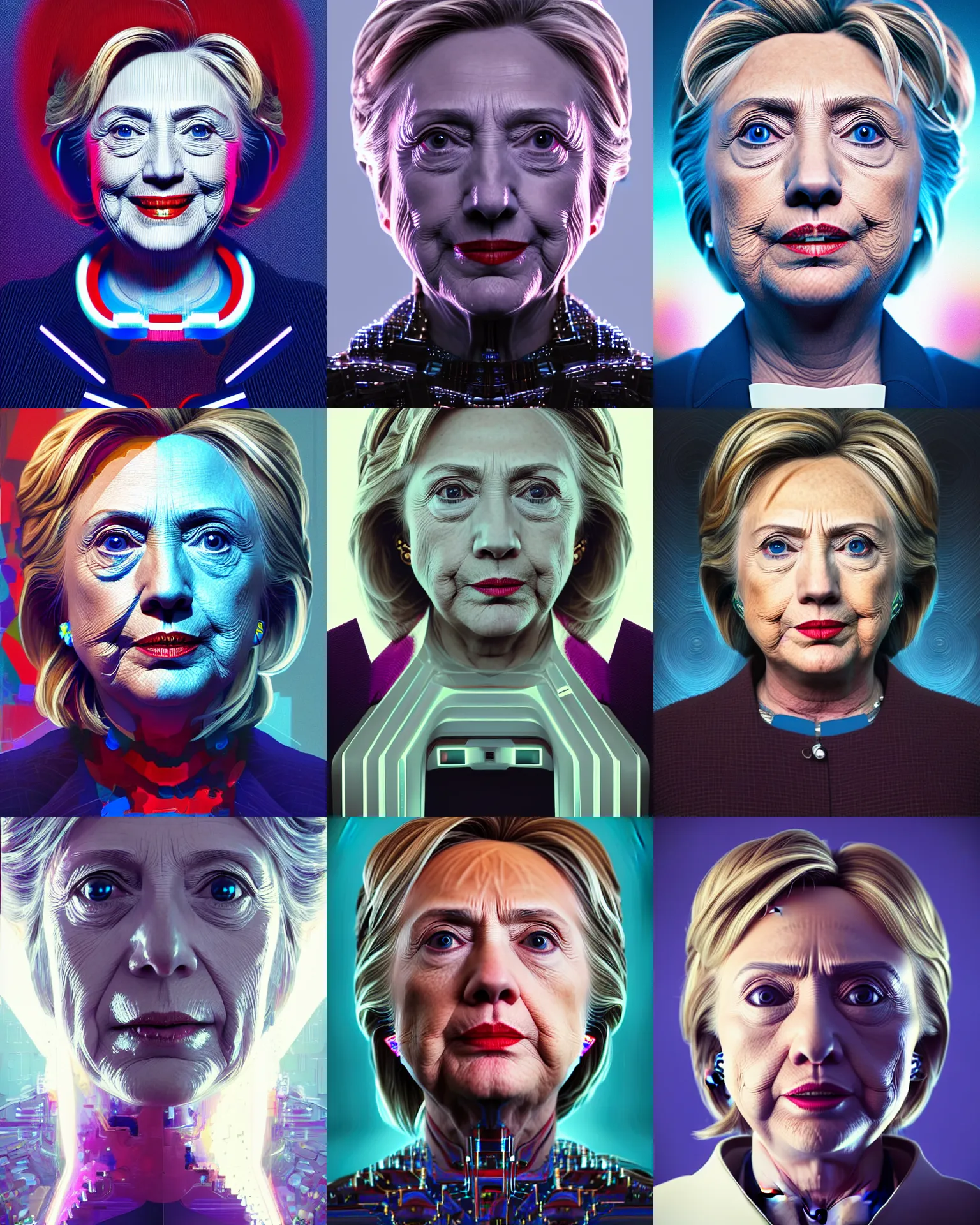Prompt: portrait of Hillary Clinton as a cyborg. intricate abstract. intricate artwork. by Tooth Wu, wlop, beeple, dan mumford. octane render, trending on artstation, greg rutkowski very coherent symmetrical artwork. cinematic, hyper realism, high detail, octane render, 8k, iridescent accents