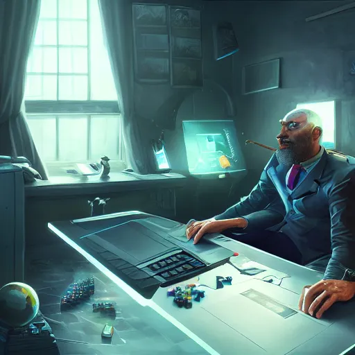 Image similar to realistic rich man using laptop in gaming room, artstation trends, sci fi concept art, highly detailed, intricate, sharp focus, digital art, 8 k