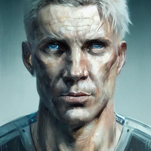 Image similar to Portrait of a man by Greg Rutkowski, he is about 50 years old, short blond hair, athletic and strong, straight jaw, wearing a futuristic tactical gear, expression of determination with weariness and resignation, older brother vibes, highly detailed portrait, digital painting, artstation, concept art, smooth, sharp foccus ilustration, Artstation HQ.